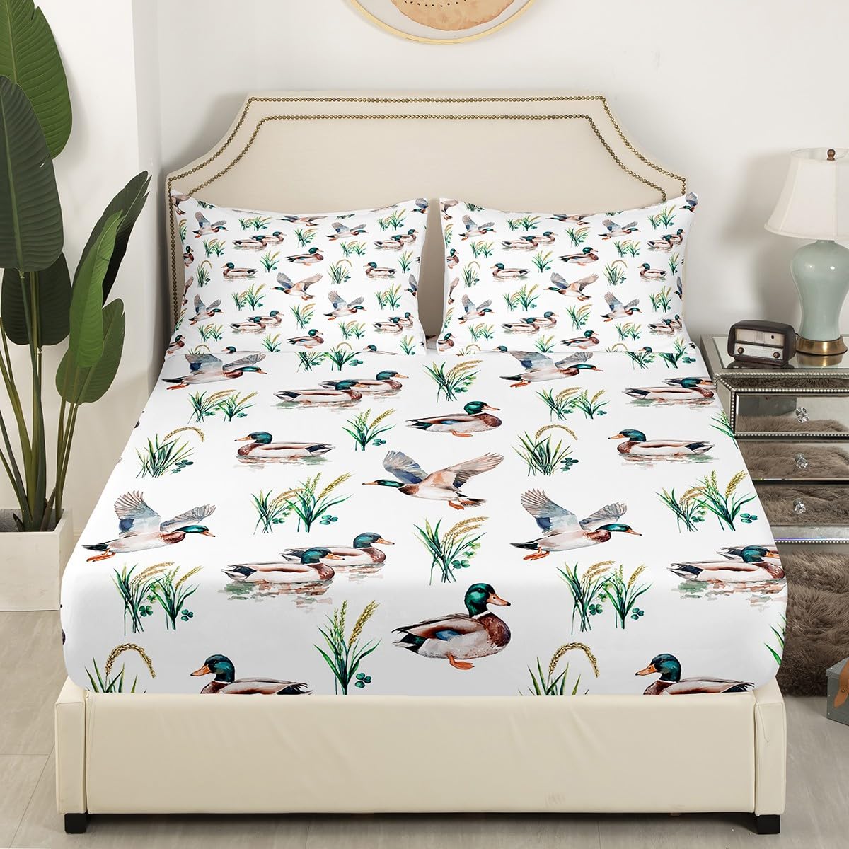 Feelyou Mallard Duck Bedding Set Twin Size for Boys Teens Kids Duck Hunting Bed Sheets Wild Animal Hunter Botanical Fitted Sheet Set Home Decor