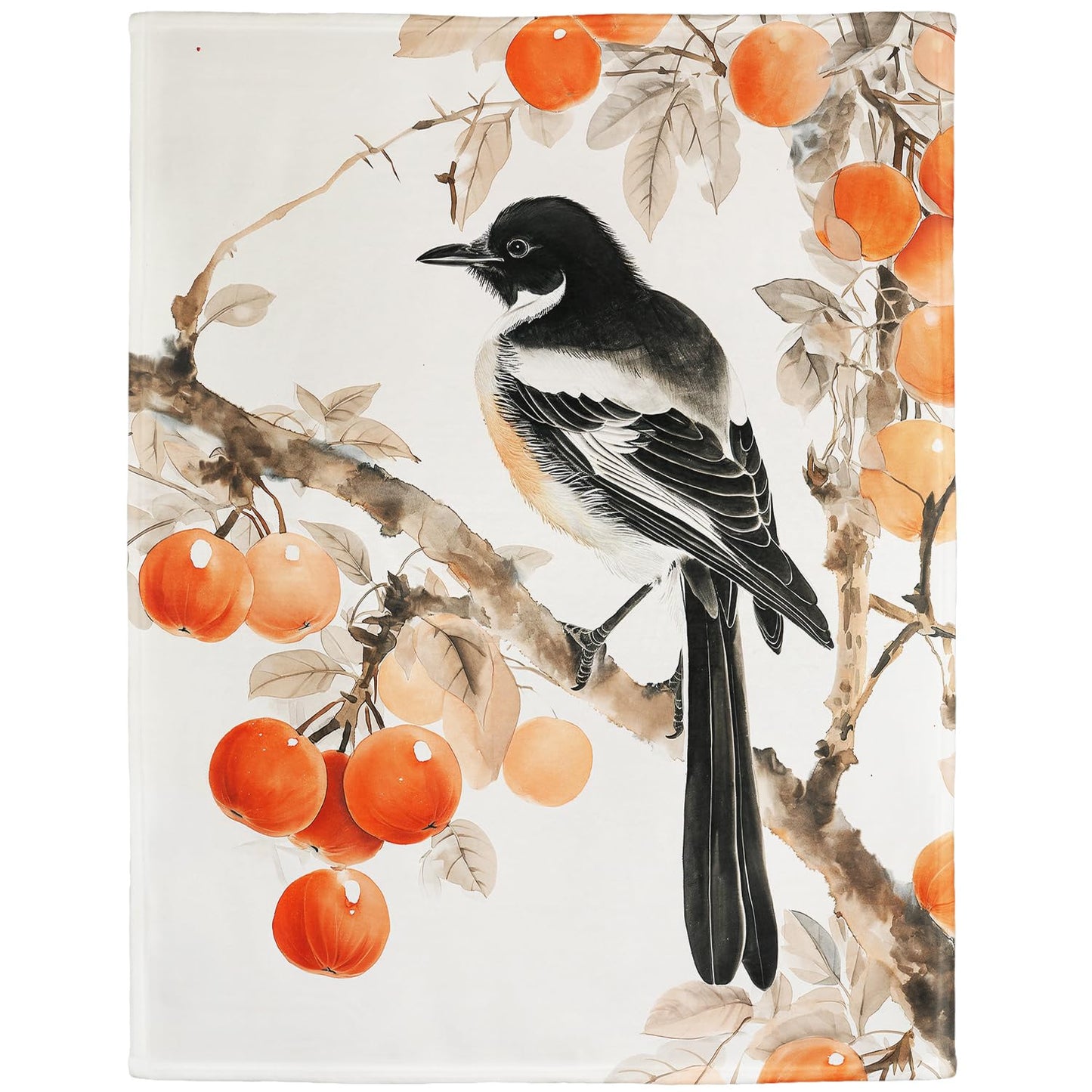 Persimmons & Magpie Blanket, Traditional Art Home Decor, Super Soft Fleece Throw Blankets for Couch Sofa Bed, 60" x 80"
