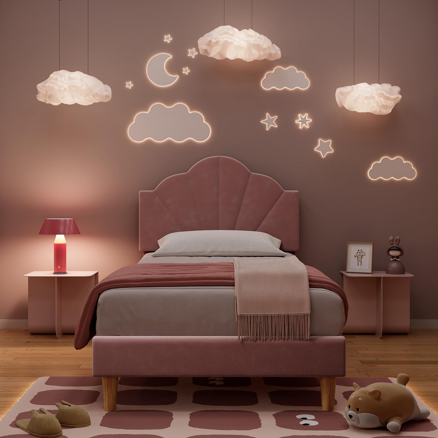 IDEALHOUSE Twin Bed Frame, Velvet Upholstered Platform Bed Frame with Height Adjustable Headboard for Boys & Girls, Wood Slat Support, Easy to Assemble, No Box Spring Needed, Light Pink
