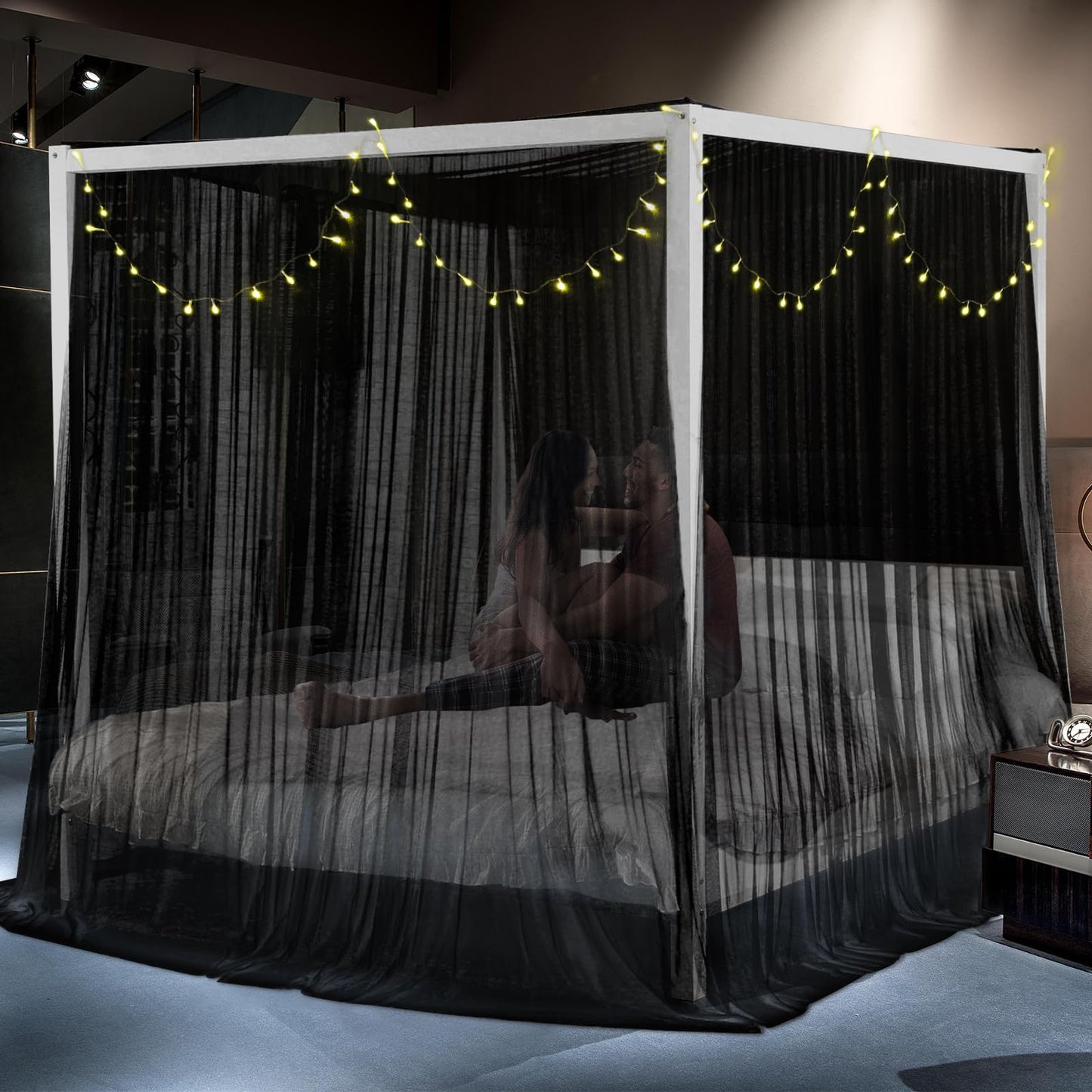 South to East Black Canopy Bed Curtains, 4 Corner Post Bed Canopy for Girls & Adults, Top Luxurious Bed Drapes for Bedroom Decoration, 4 Openings, 100% Ripstop Polyester, Easy Install, King/Queen Size