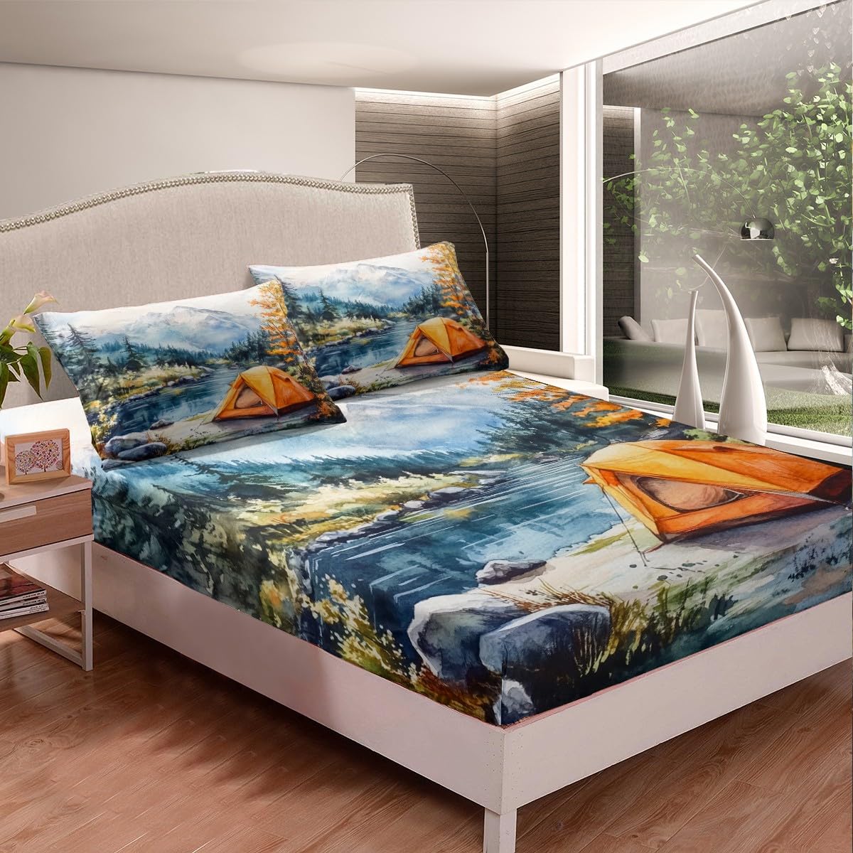 Erosebridal Happy Camping Bed Set Full,Outdoors Natural Camper Decor Bed Sheets Set Rustic Farmhouse Flat Fitted Sheet for Kids Adults Jungle Tree Country Bedding Sets with 2 Pillow Cases