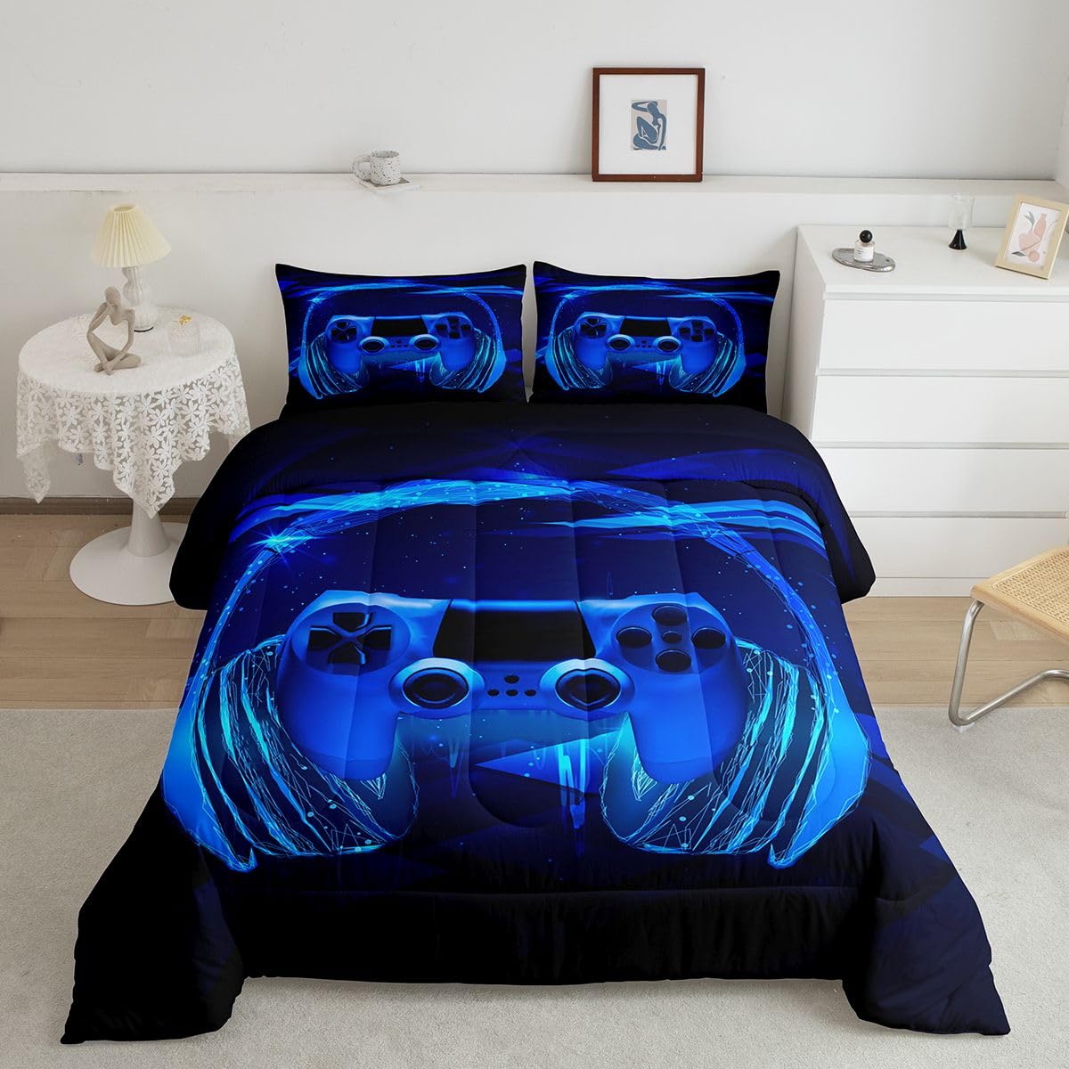 Feelyou Gamer Bedding Set Kids Video Game Gamepad Comforter Set for Boys Teens Gaming Headset Comforter Breathable Blue Game Controller Duvet Set Room Decor Quilt Set Twin Size