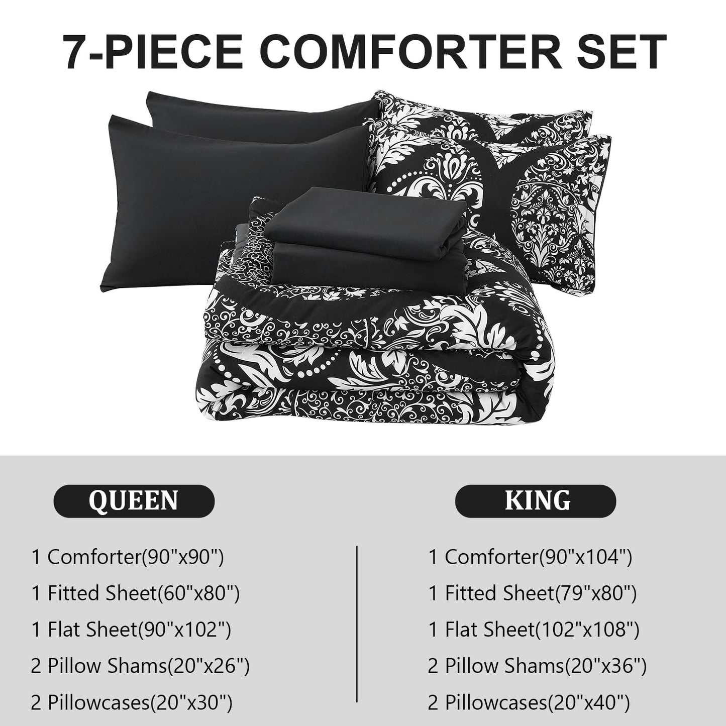 Anibedding Black Comforter Set King Size, 7 Pieces Bohemian Damask Comforter Set Soft Lightweight Microfiber Bedding Set for All Season (104"x90")