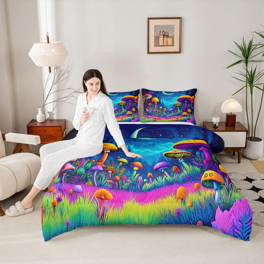 Mushroom Kids Bedding Set Queen Size,Star Moonlight Galaxy Magical Comforter Set，Mysterious Plant Quilt Comforter,Colorful Bedroom Duvet Insert,2 Pillowcases