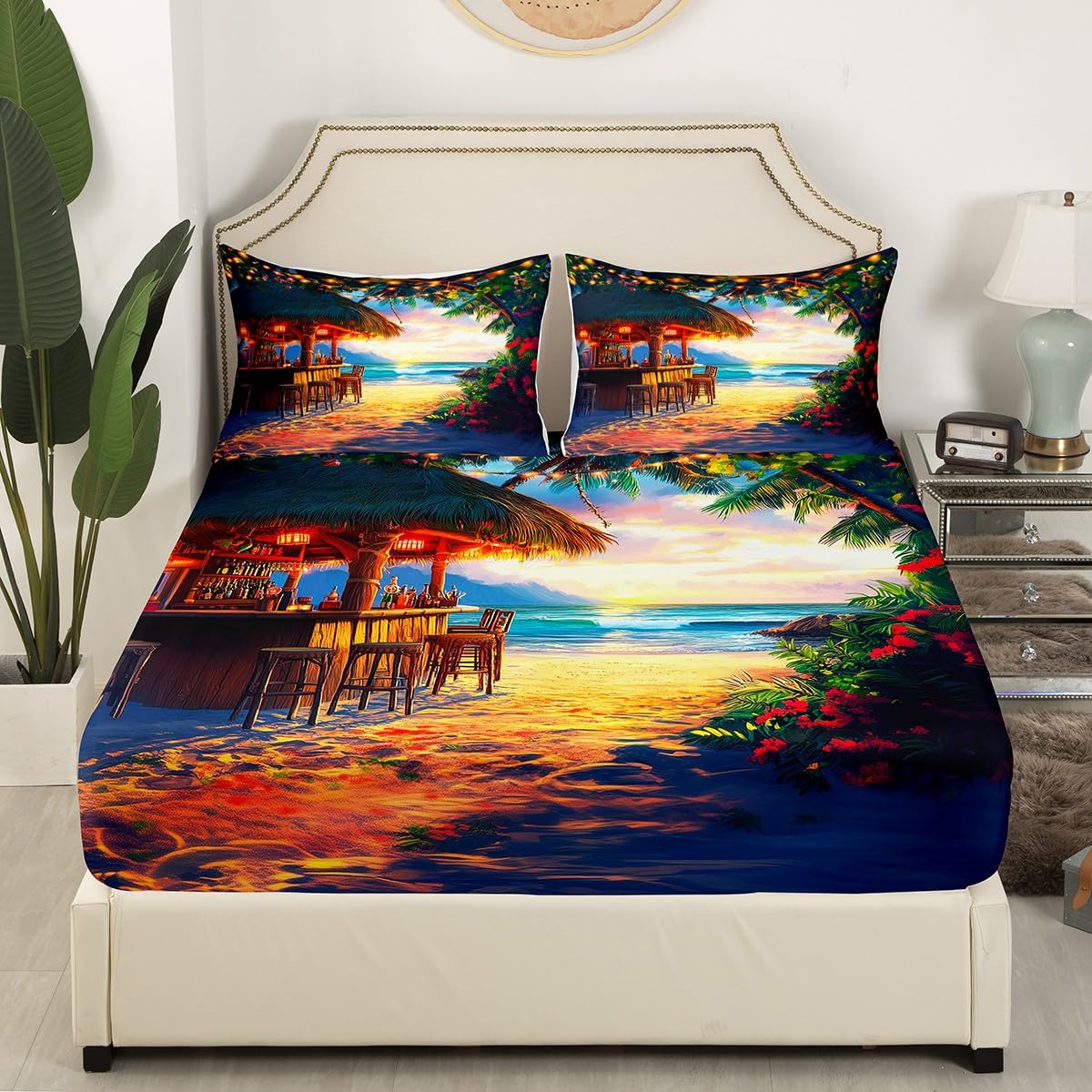 Erosebridal Tiki Bar Fitted Sheet Queen Size, Ocean Beach Bed Sheets Palm Tree Leaves Bedding Set for Kids Teens Adult Bedroom Decor, Tropical Hawaii Theme Sheets with 2 Pillow Cases