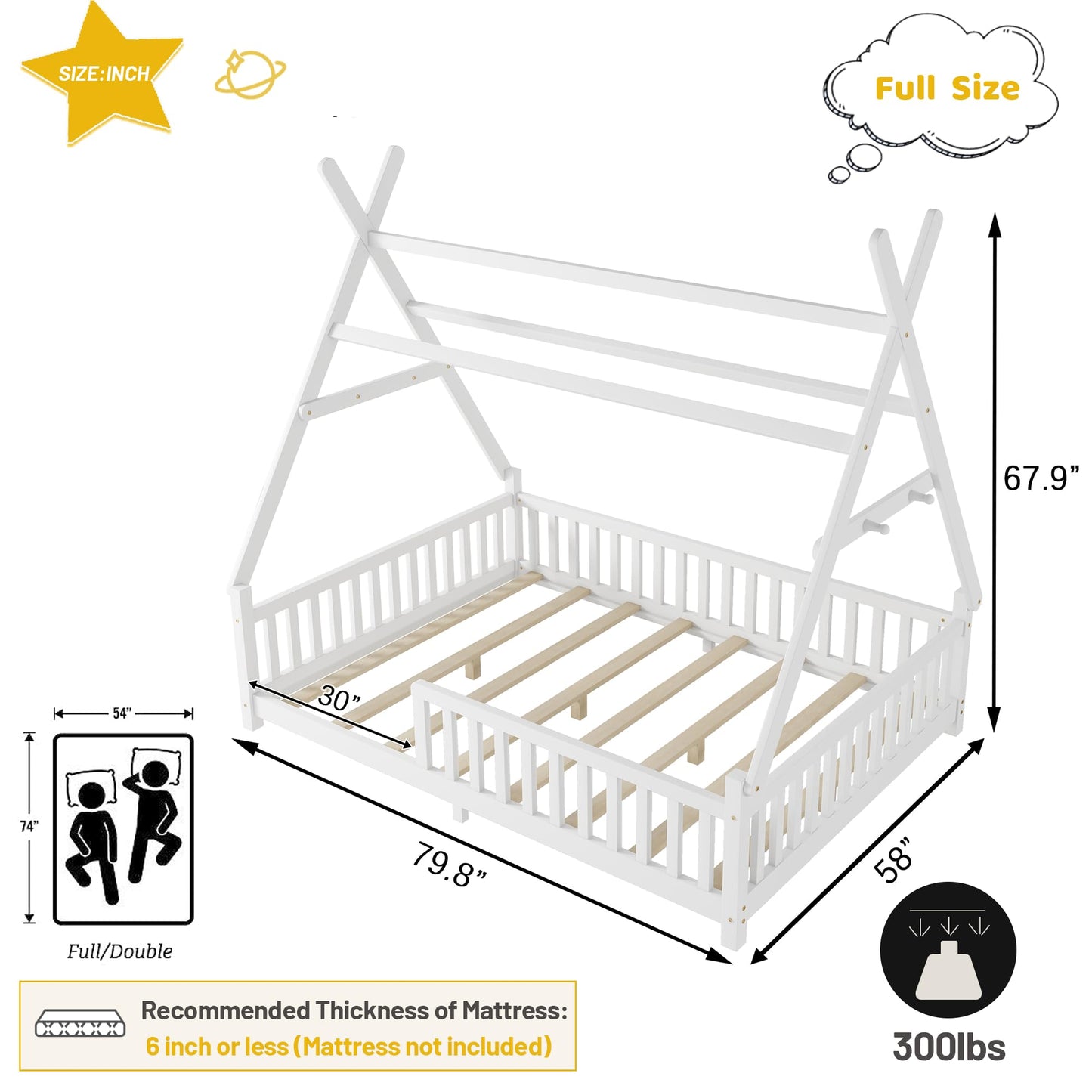 MoproBeti Montessori Bed Full Size with Light and Slats, Wood Teepee Floor Bed for Kids Boys Girls,House Bed Frame with Rails & Roof,No Box Spring Needed, White