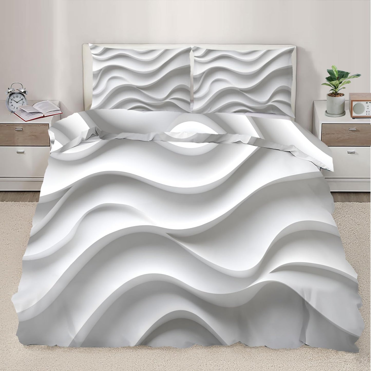 PAISUOQ 3D Stripes Duvet Cover Queen, White Waves Bedding Sets, Modern & Simple Comforter Cover with 2 Pillowcases, 3 Pieces with Zipper & Ties, Dorm Decor & Gifts