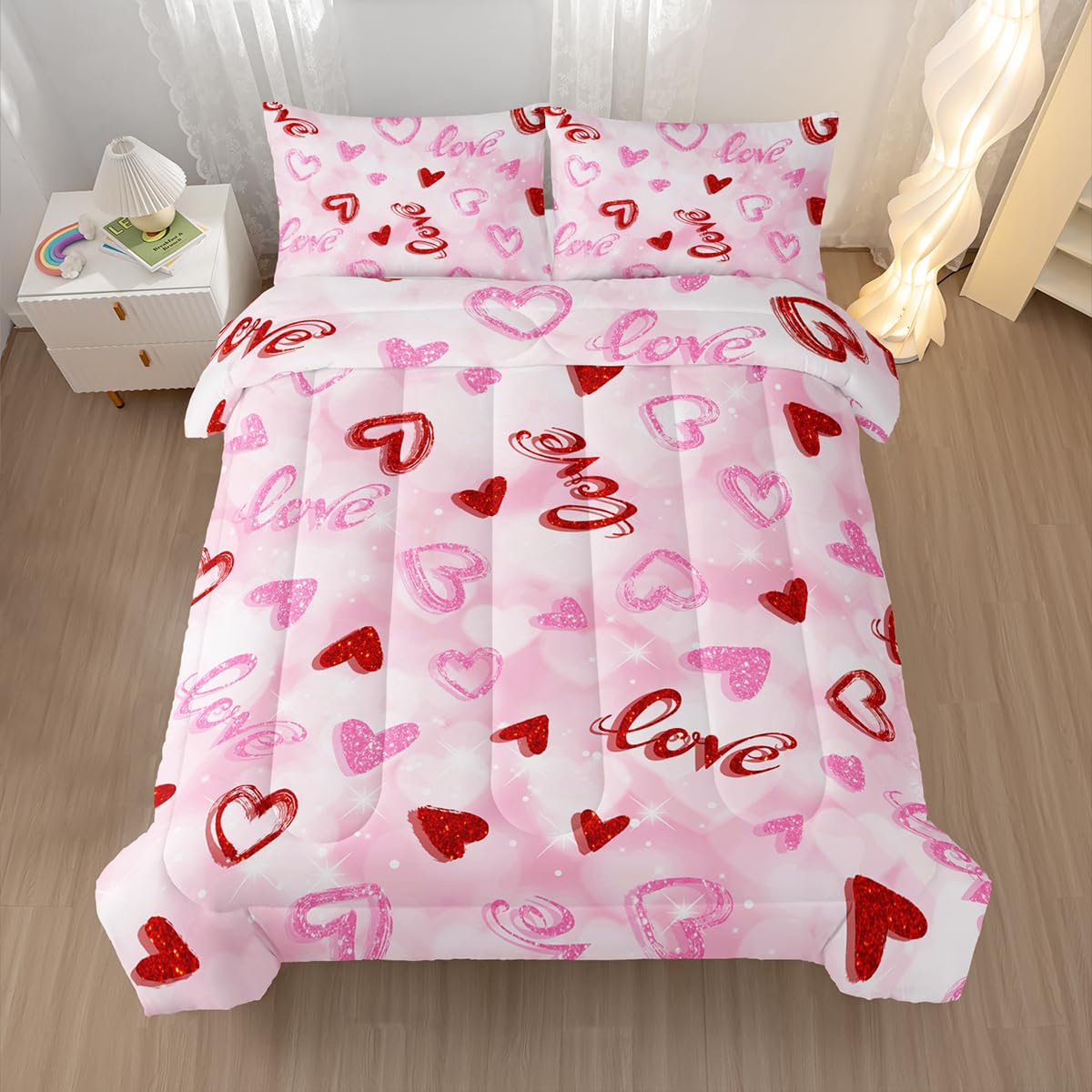 Nttopship Pink Love Heart Comforter Bedding Set with 2 Pillowcase Twin Size Pink Girl Comforter Set for Kids Boys Girls Bedroom Decor