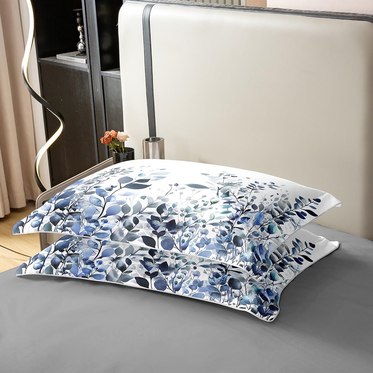100% Cotton Blue And Grey Comforter Cover, Floral Duvet Cover Twin Size, Teal Plant Bedding Set, Botanical Nature Leaf Quilt Cover, Branch Flowers Bed Cover for Kids Girls Women Bedroom Decorative