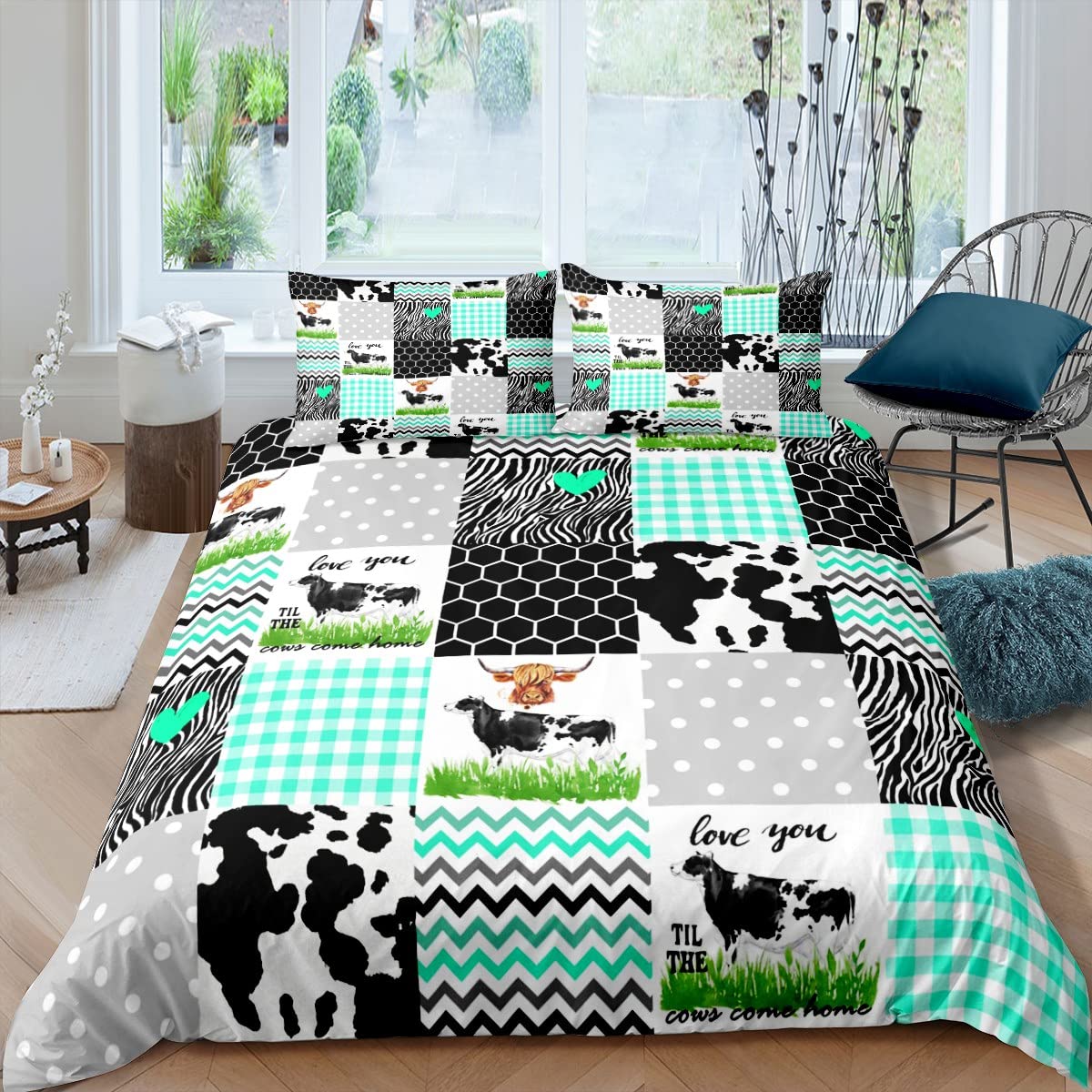 Homewish Cow Print Duvet Cover Set King Size Cute Cow Comforter Cover Farm Animals Print Bedding Set 3pcs for Kids Boys Girls Room Decor, Black White Green Plaid Quilt Cover with 2 Pillowcases