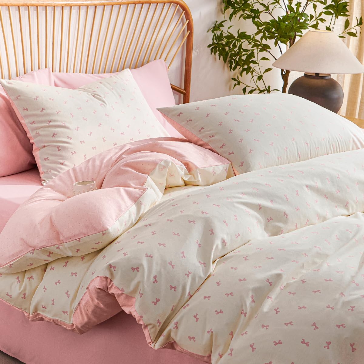 Jolusere Bow Duvet Cover Queen Size 100% Cotton Duvet Cover Set Girls Kids Reversible Pink Beige Comforter Cover 3 Pieces Soft & Breathable Pink Bowknot Bedding Set with 2 Pillowcases, Zipper Closure