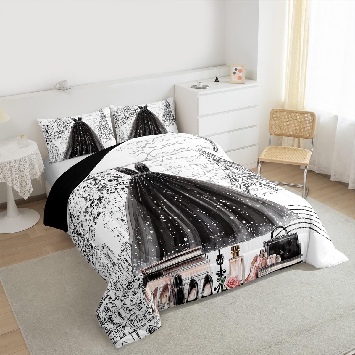 Erosebridal Fashion Girly Dress Comforter King Size Black White Eiffel Tower Paris Bed Sets Perfume Modern Girls Women Bedding Set Romantic High Heels Makeup Duvet Insert,Luxury Soft