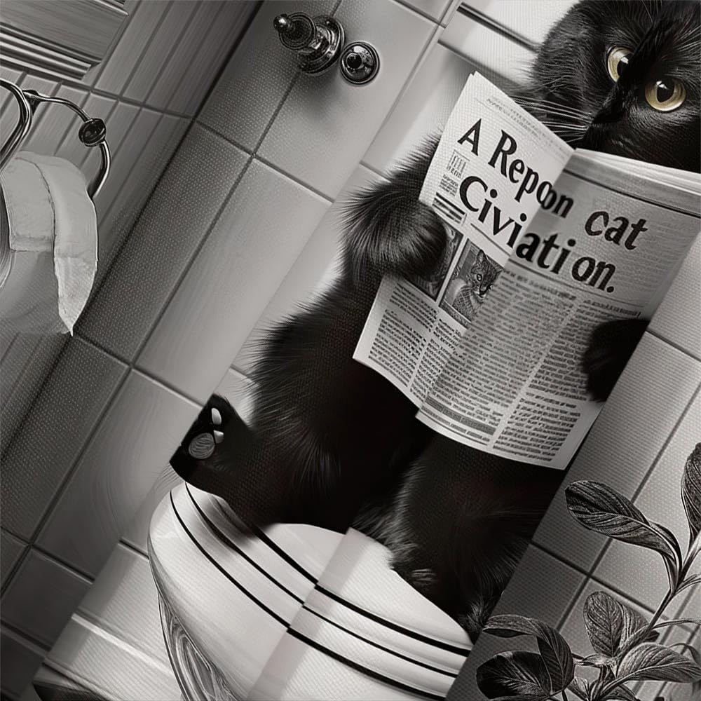 JAWO Funny Cat Shower Curtain, Humorous Black Cat Animal Sitting on Toilet Reading Newspaper Fun Shower Curtains Set, Black White Retro Waterproof Fabric Bathroom Decor Bath Curtain, 72x72 Inch