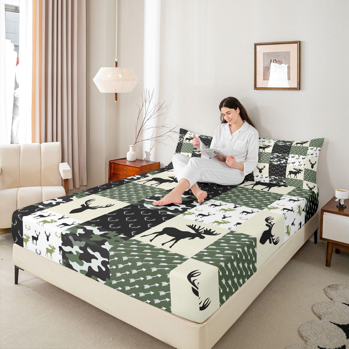 Army Green Camouflage Bedding Set, Camo Deer Silhouette Fitted Sheet for Kids Boys Teens Antlers Boho Arrows Bed Sheet Grid Militarily Fitted Bed Sheets 3 Pieces, Full Size(No Top Sheet)