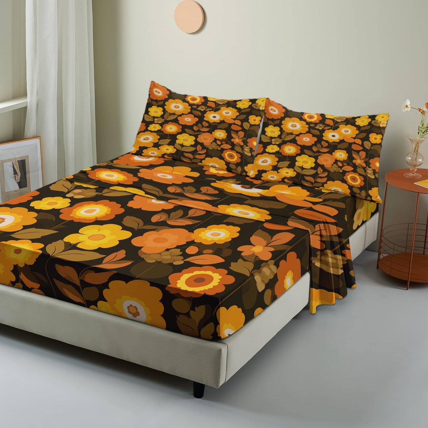 NOGAWA Retro Flower Bed Sheets, 70s Sheets, Bedroom Decor, Full Sheets Set Boho Floral, Bedding Sheets, 16 Inch Deep Pocket Fitted Sheet, Flat Sheet, Pillowcases