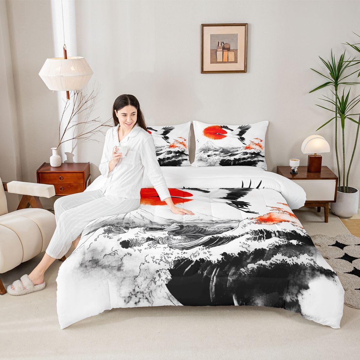jejeloiu Wave Comforter Set All Season Cranes Bedding Set with 2 Pillow Cases Japanese Style Microfiber Kids Queen Bedclothes Red Sun Bedroom Decor Duvet Quilt Breathable Soft Lightweight