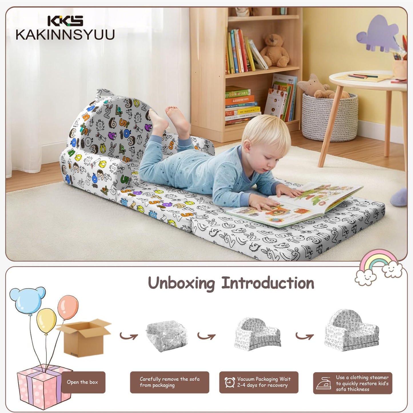 KKS KAKINNSYUU Toddler Chair & Couch, Kids Sofa 2-in-1 with Draw-On Fabric, Fold Out Convertible Foam Lounge for Playroom, Gift for Toddlers & Birthday