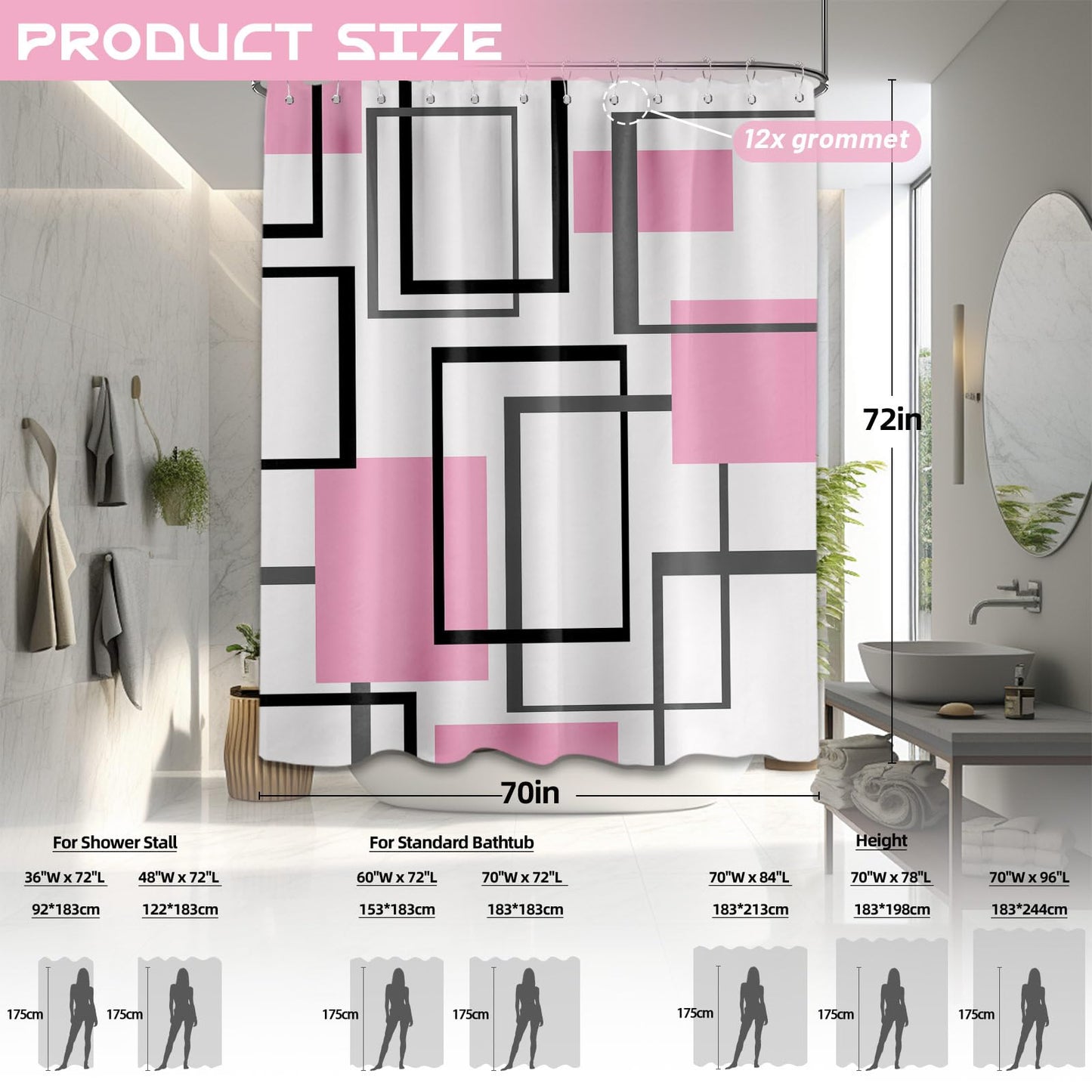 Yieldeer Light Pink Geometric Shower Curtain, 70 x 72 Inch