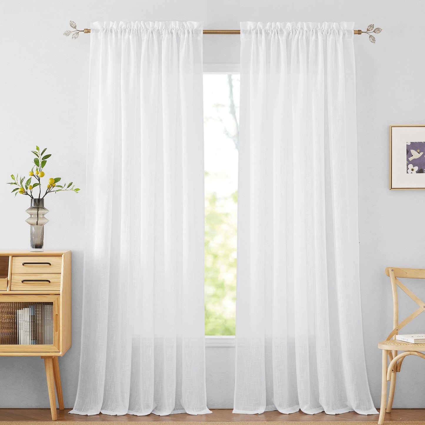 RYB HOME White Semi Sheer Curtains 84 inches Long - Living Room Curtains for Half Privacy, Linen Textured Sheer Light Filtering Vertical Window Drapes for Bedroom Dining, Width 52 inch, 2 Panels