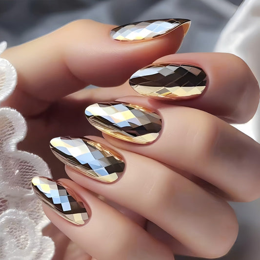 RUOKEXIN Almond Press on Nails Medium Length Fake Nails Pink False Nails with 3D Rhombus Designs Chrome Nail Press ons Sparkly Artificial Nails for Women 24Pcs