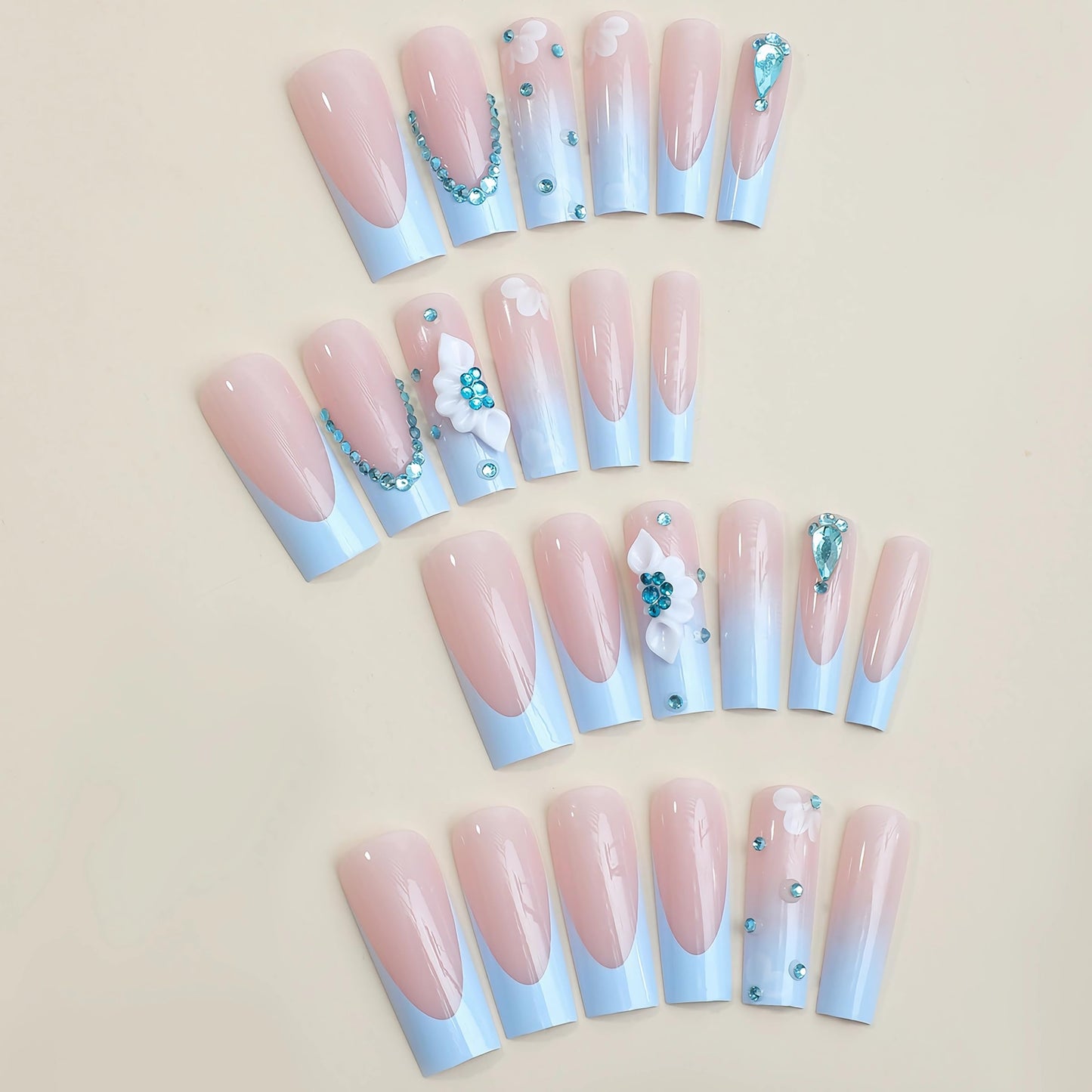 BABALAL Long Square Press on Nails - Blue French Tip Fake Nails, 3D Flower Design Bling Rhinestone Full Cover Acrylic Nails for Women and Girls, 24Pcs