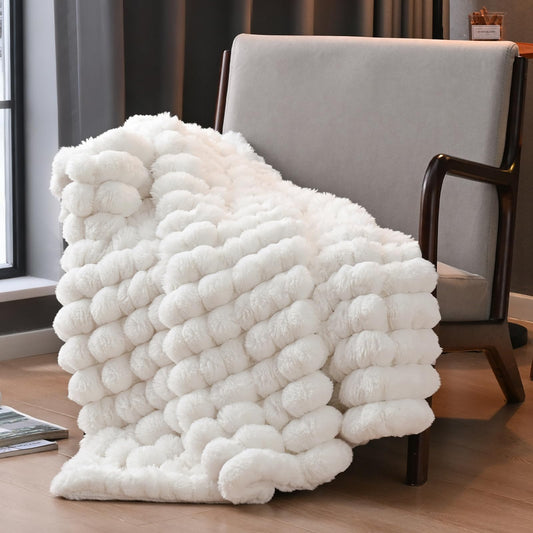 David's Home Double-Sided Faux Rabbit Fur Throw Blanket, Reversible Luxury Soft Thick Shaggy Warm Fuzzy Bubble for Couch, Bed, Cozy Plush Fluffy Decor for Fall Winter,Snow White,50 "* 60"