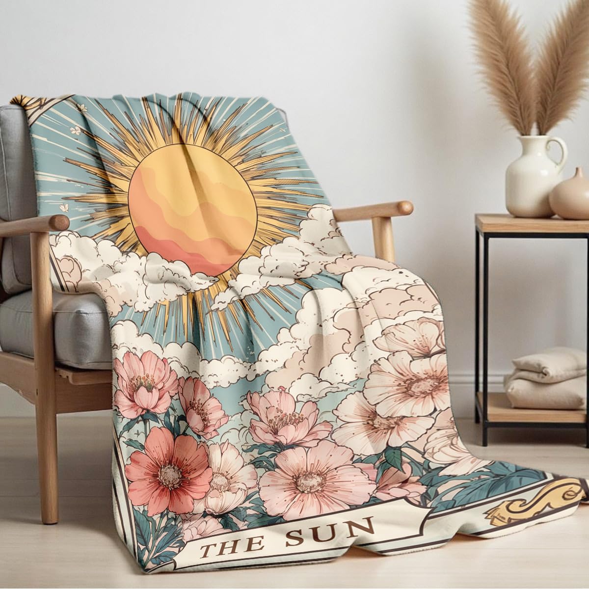 HUNXIAOJ Sun Moon Celestial Print Blanket Boho Celestial Flannel Throw Beige Blanket Throw for Couch Bed Home Living Room Boho Decor Gifts for Kids Adult (59"x78")