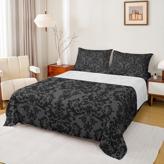 Erosebridal Adults Black Grey Damask Bedding Set Antique Victorian Baroque Bed Sheets King Size Gothic Vintage Floral Sheet Set Bohemian Exotic Fitted Sheet Gray Flat Sheet 2 Pillow Cases Room Decor