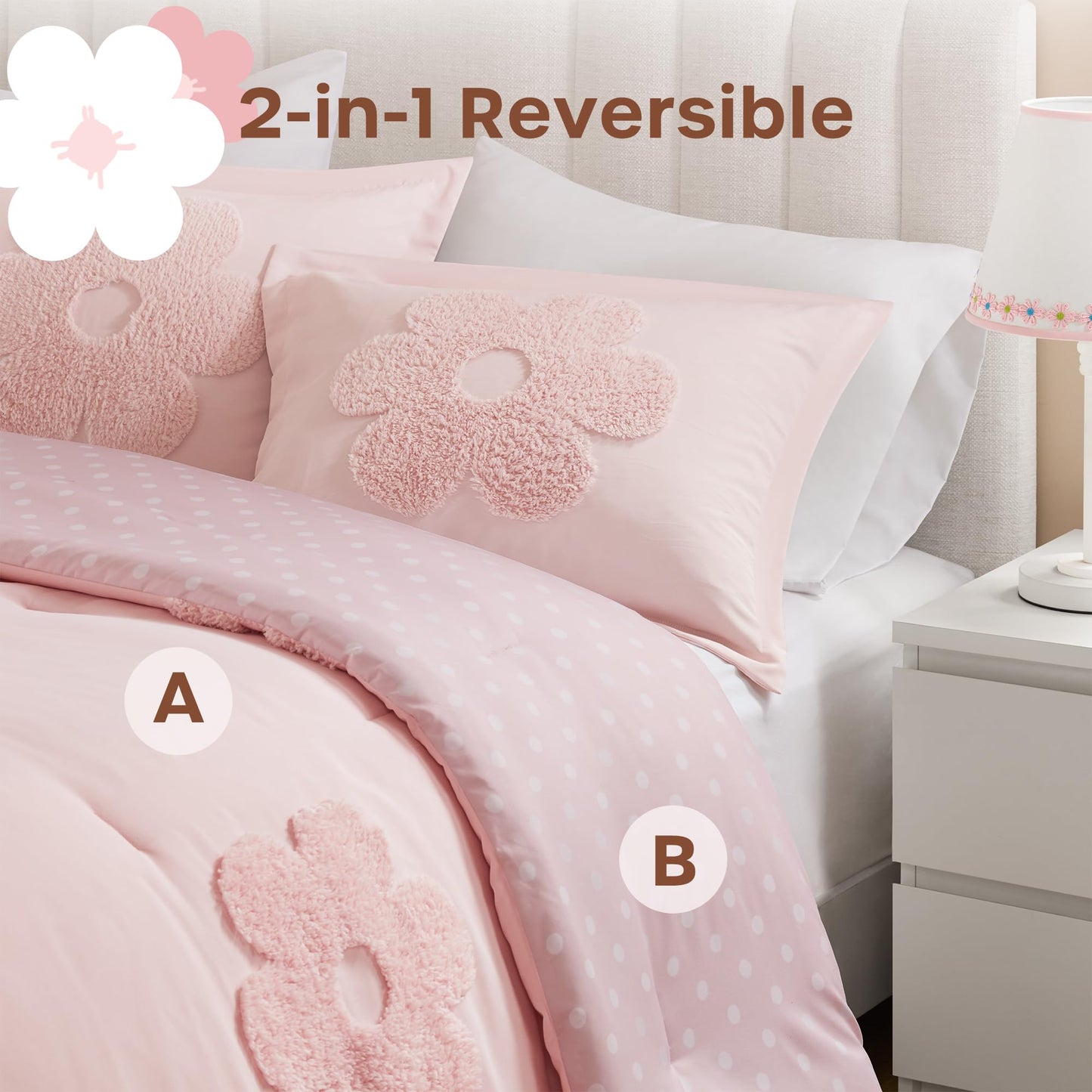 Intelligent Design Kids Queen Comforter Set for Girls, Tufted Chenille Floral Comforter Set Queen, Lightweight Polka Dot Comforter Reversible Bed Set, Sham, Pillow, Gracie, Full/Queen Pink 4 Piece