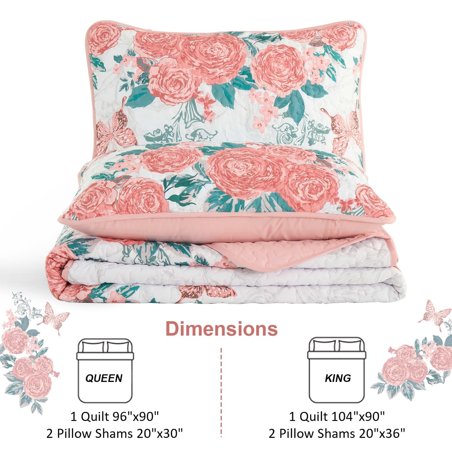 Yiran Pink Floral Quilt Set Queen Size Summer Botanical Bedspreads Bedding Set 3 Pieces Lightweight Rose Flowers Printed Coverlet with 2 Pillow Shams for All Season 96x90 Inch