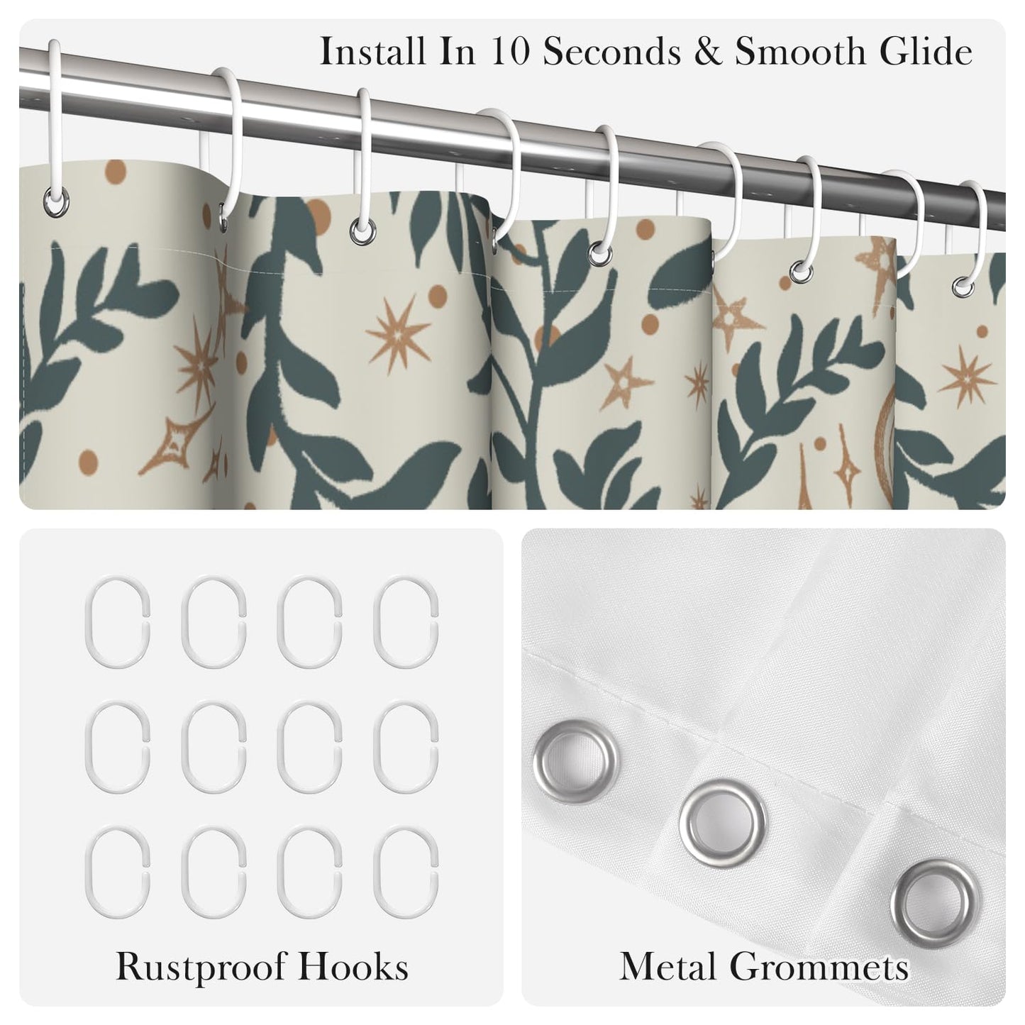 NAEMBCU Botanical Celestial Shower Curtain with Hooks - 72x72 Inch Waterproof Fabric Bathroom Curtain with Green Leaf & Moon Star Pattern, Bath Curtain for Boho Aesthetic Interiors