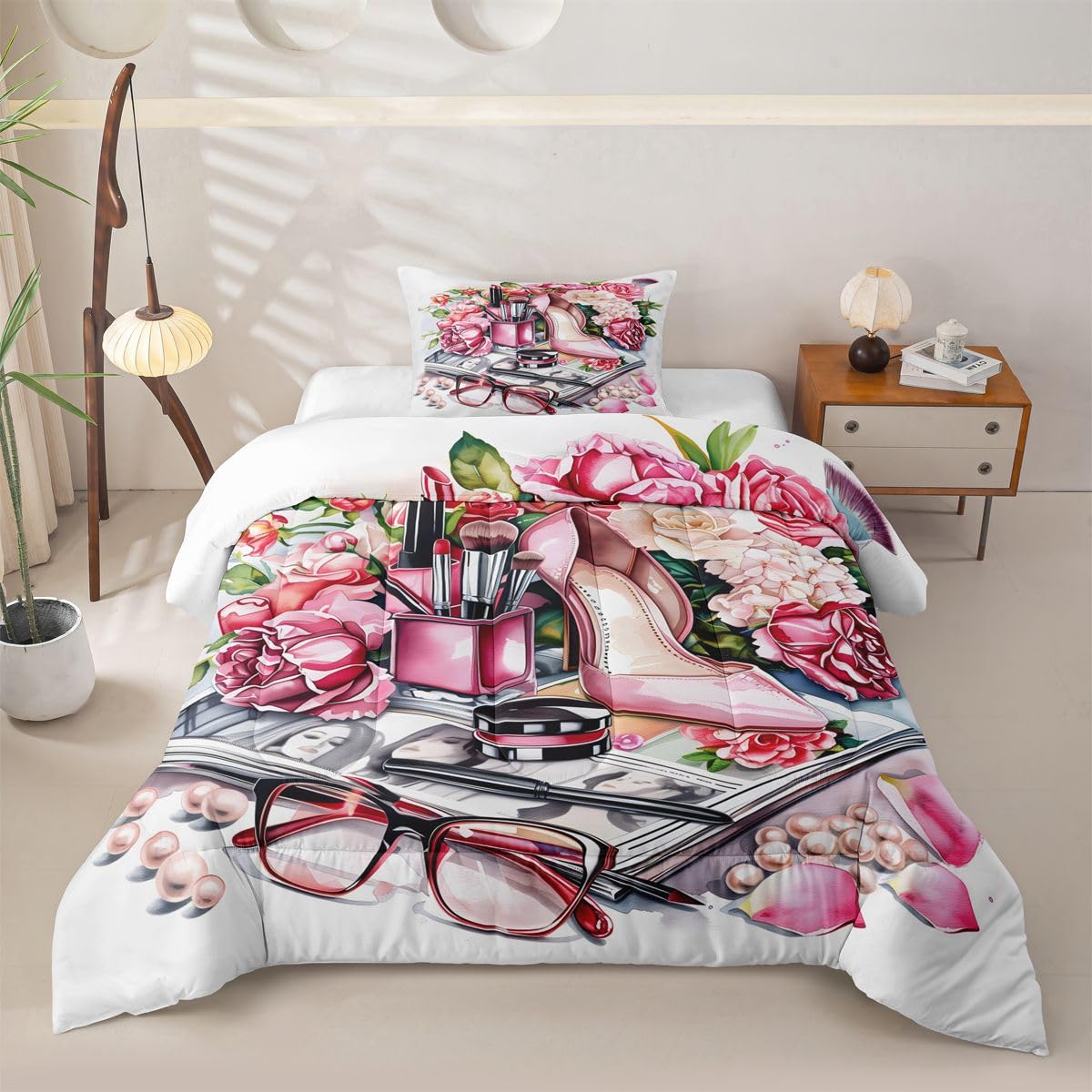Erosebridal Pink High Heel Comforter Set Romantic Rose Floral Twin Bedding Sets for Girls Young Boys Beauty Perfume Girly Comforter Modern Fashion Quilt