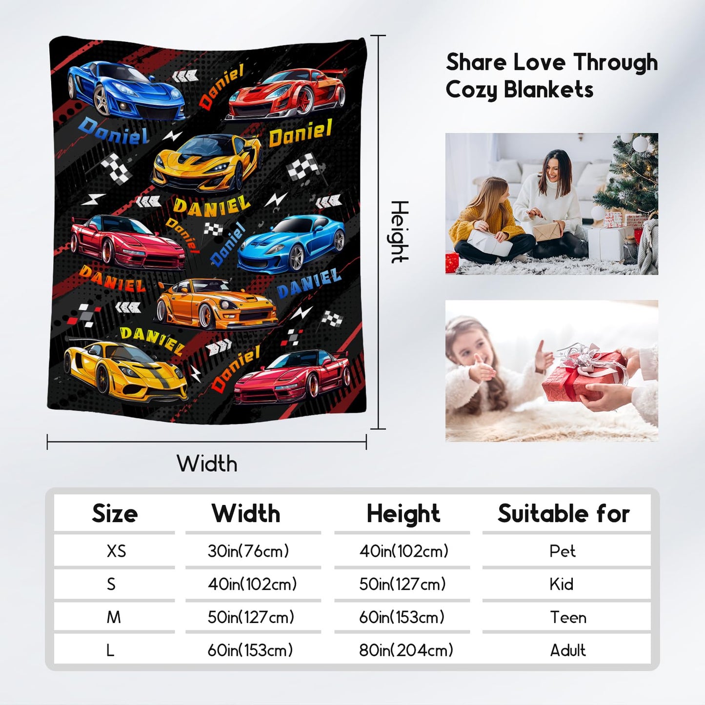 AIOMXZZ Kids Blanket for Boys, Personalized Racing Car Blankets Gifts for Toddler Teens, Custom Car Themed Flannel Throws with Name, 4 Size