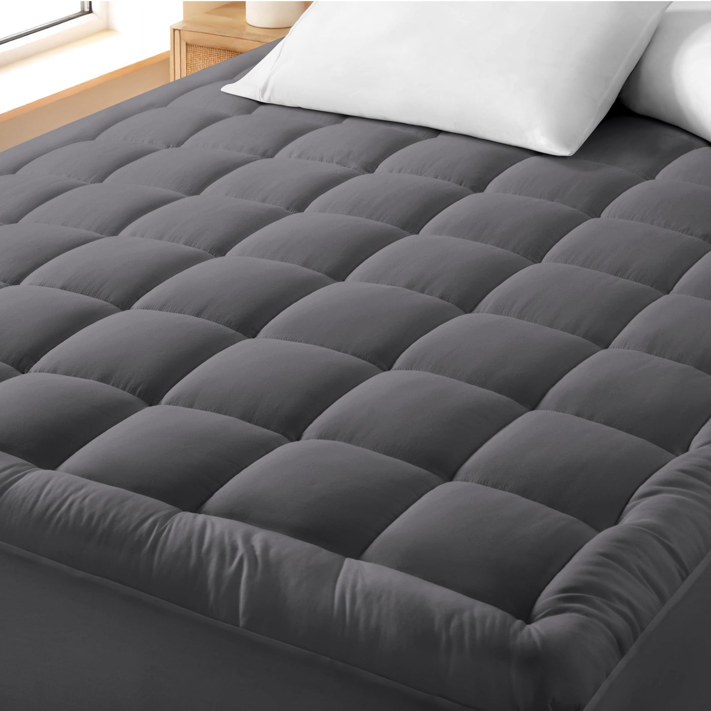 Bare Home Mattress Topper Cotton Top - Twin Extra Long - Plush Topper for Mattress - College Dorm Room Essentials - Cooling Breathable Air Flow - 8" to 21" Deep Pocket - Soft Bed Pad (Twin XL, Grey)