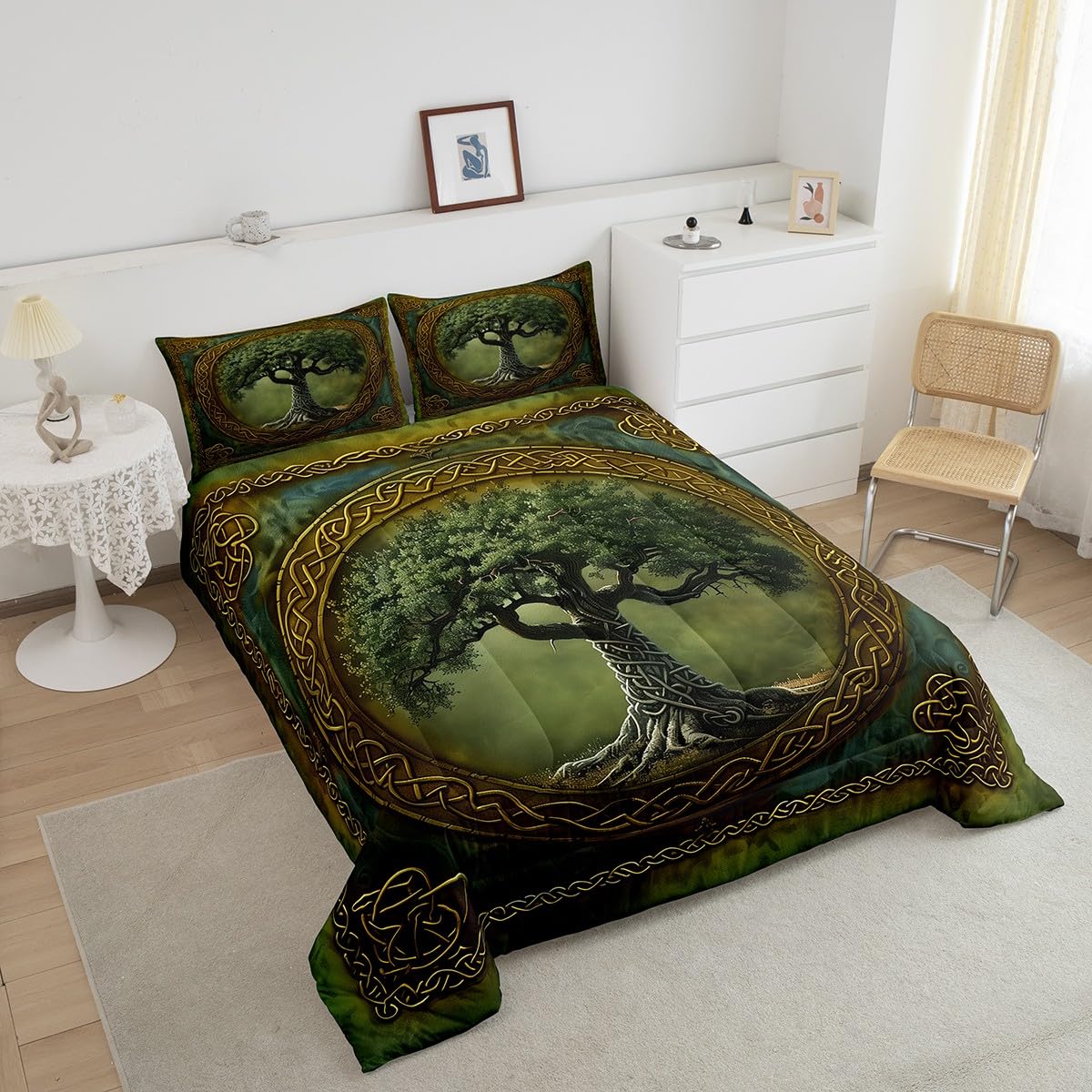 Manfei Tree of Life Comforter Set,Mystic Tree Boho Exotic Style Green Bedding Set for Teens Adults Room,Tribal Golden Branches Geometric Circle Grid Quilt Set 3 Pcs with 2 Pillowcases,Queen