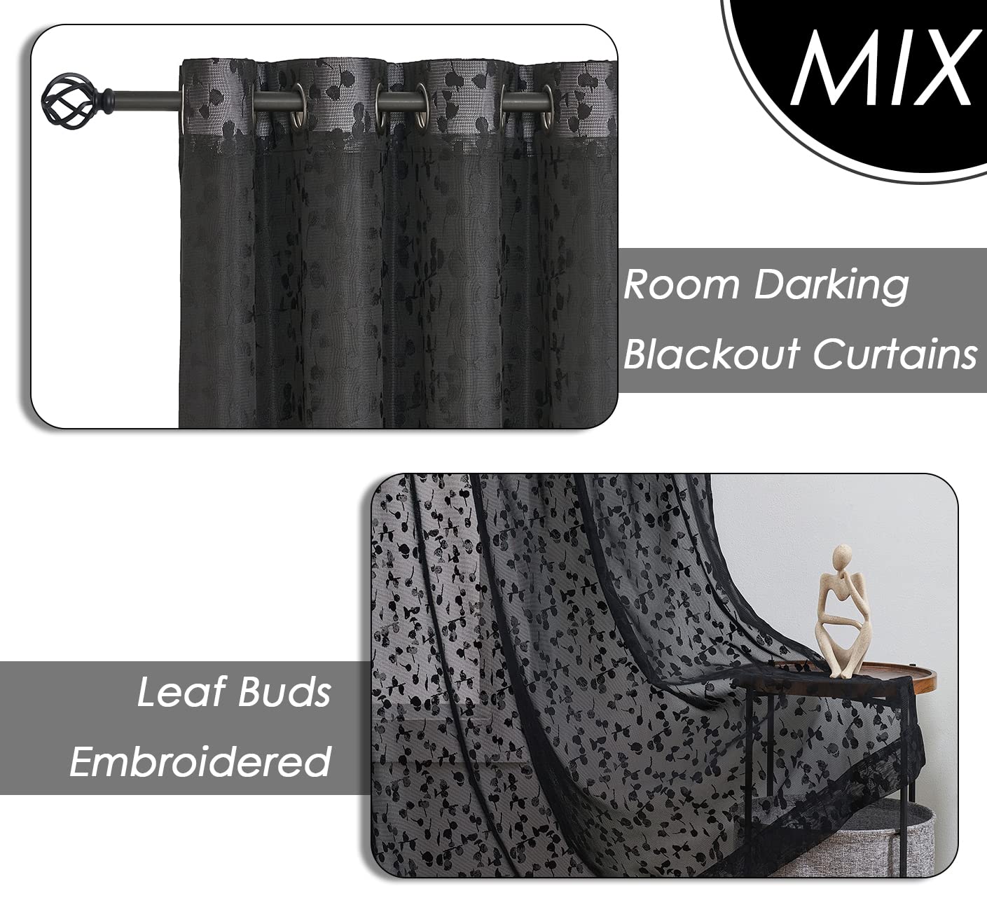Jubilantex Full Blackout Curtains + Leaf Sheer Window Panels, Mix and Match Style Double Layer Window Treatment Sets for Bedroom Living Room, 4 Panels 52" W x 63" L, Black and Black