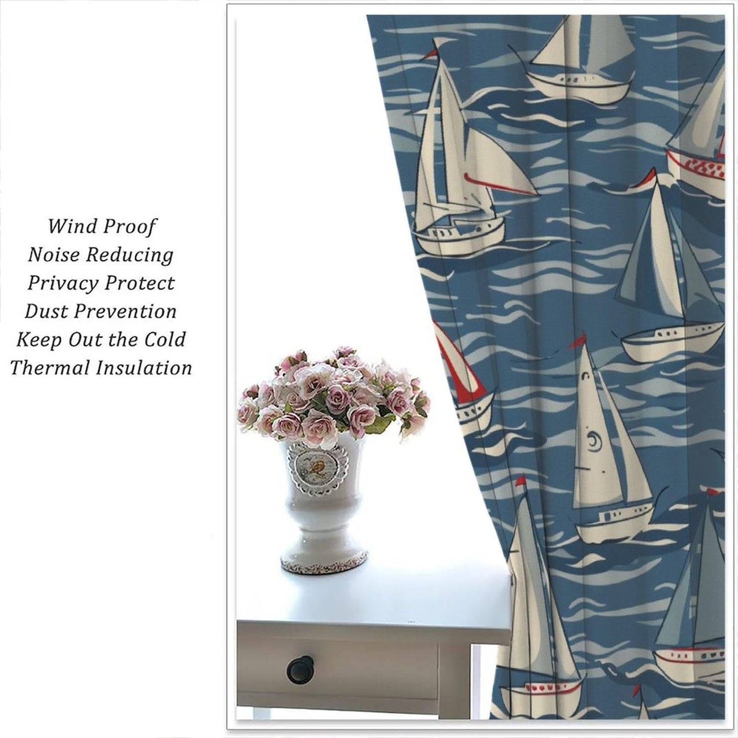 TOWINSFB Cartoon Sailboat Blackout Curtains for Living Room Bedroom, Ocean Wave Ship Nautical Illustration Window Curtains Rod Pocket Thermal Insulated Window Drapes, 2 Panels, Each 21" W x 45" L