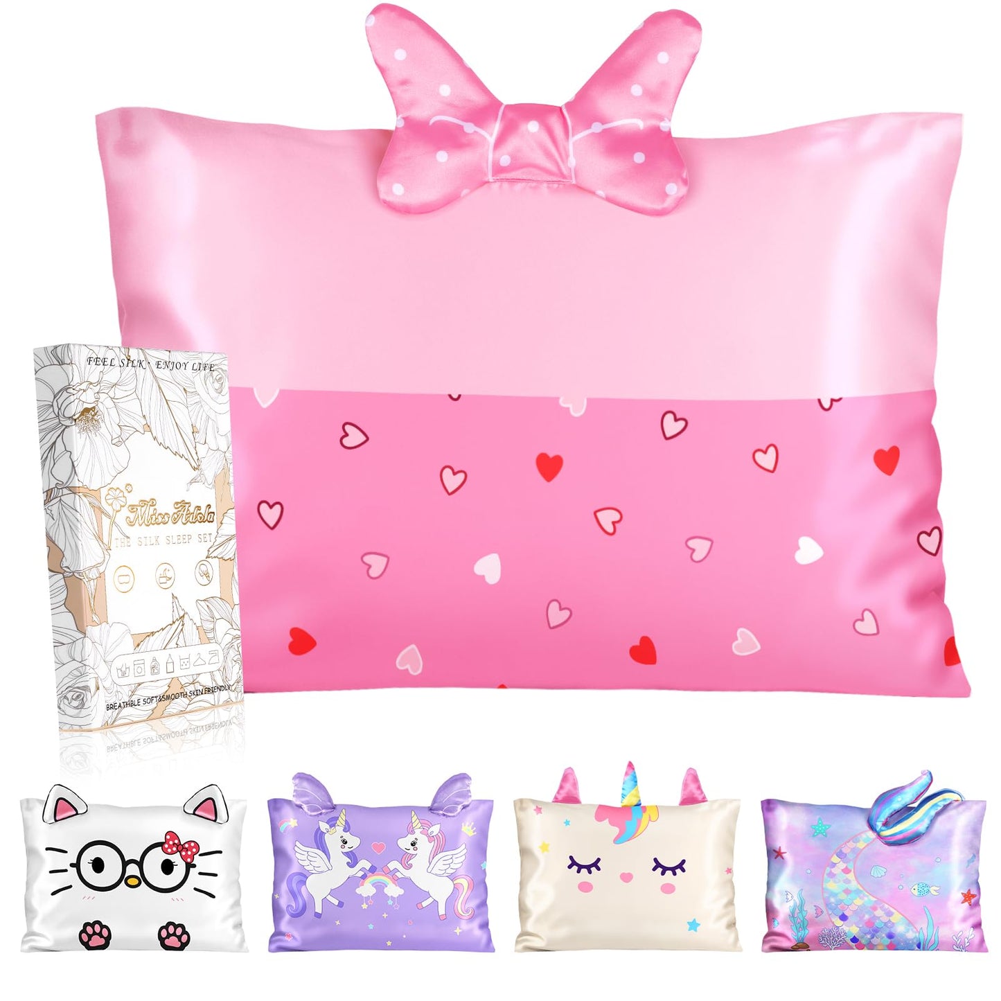 Miss Adola Kids Pillowcases Standard Size 20"x26" - Cute Cartoon Soft Breathable Silk Pillow Cases for Hair and Skin with Hidden Zipper for Women Girls Fun Kawaii Design for Bedding, Point Bow