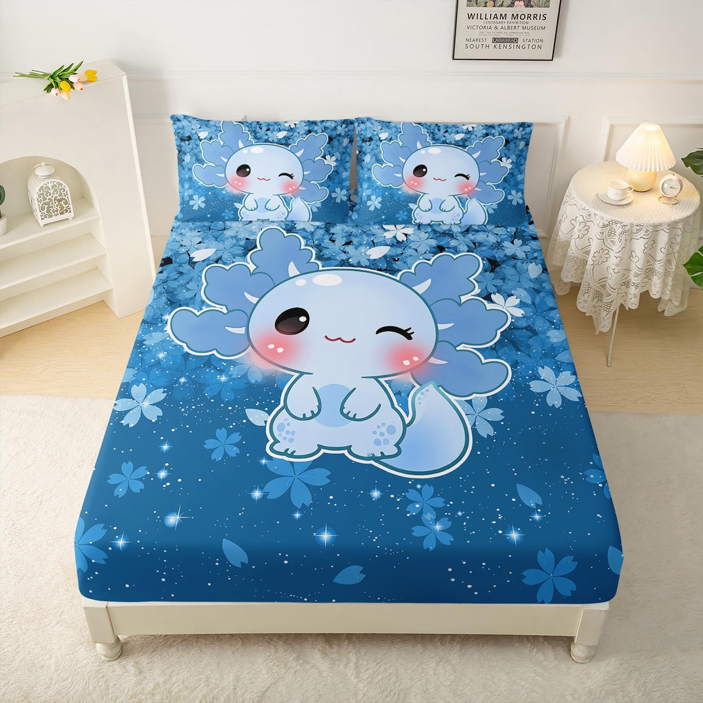 QOOMO Kawaii Axolotl Kids Sheet Set Queen Size,Cherry Print Bedding Set Lightweight All Seasons,Blue Sets for Room Decoration,1 Fitted Sheet,1 Flat Sheet,2 Pillow Cases