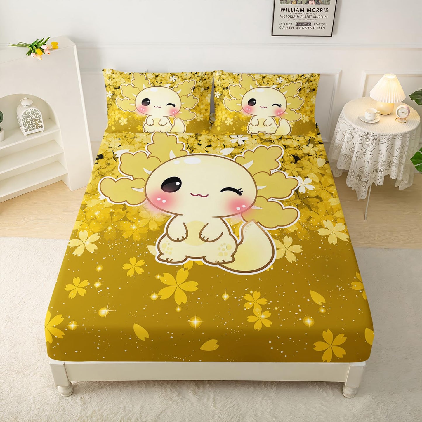 QOOMO Cartoon Animals Kids Sheet Set Queen Size,Kawaii Axolotl Print Bedding Set Lightweight All Seasons,Yellow Sets for Room Decoration,1 Fitted Sheet,1 Flat Sheet,2 Pillow Cases