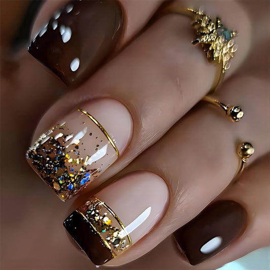 Rchovsam Brown Nails Press Ons Short Square Press on Nails French Tip Brown Design Fake Nails Sparkly Stick on Nails Full Cover Acrylic Gel False Nails Kit Gift for Womens 24pcs