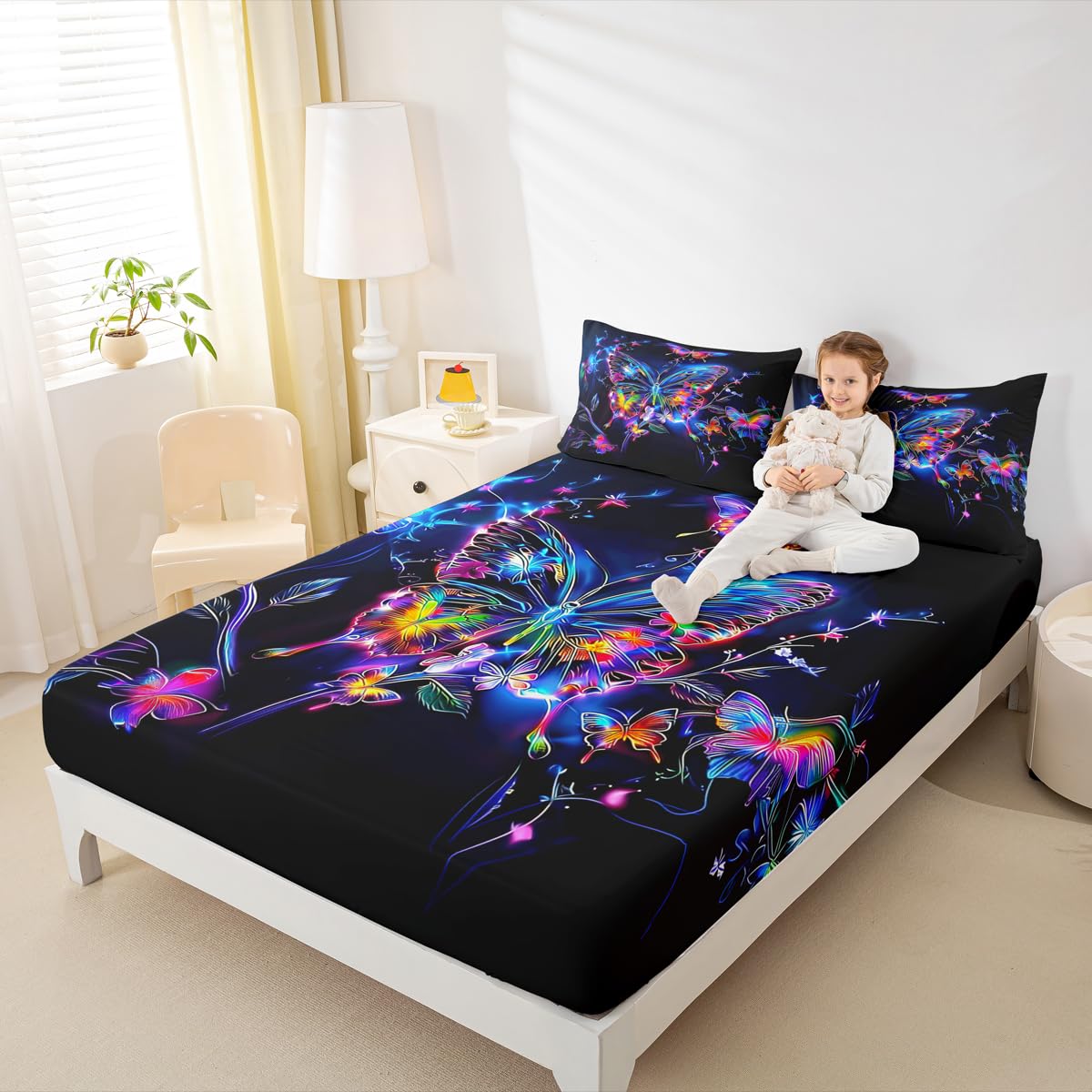 Feelyou Cute Butterfly Fitted Sheet with 1 Pillowcase Twin Size Glitter Bed Sheets Set 16" Deep Pocket Boys Girls Purple Butterfly Bedding Animals Teens Bedroom Decor