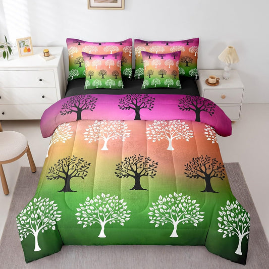 Erosebridal Tree of Life 7 Piece Comforter Set Full Bed in a Bag,Rainbow Gradient Tie Dye Bedding Sets Bohemian Botanical Comforter and Sheet Set,Watercolor Plant Jungle Trees Room Decor