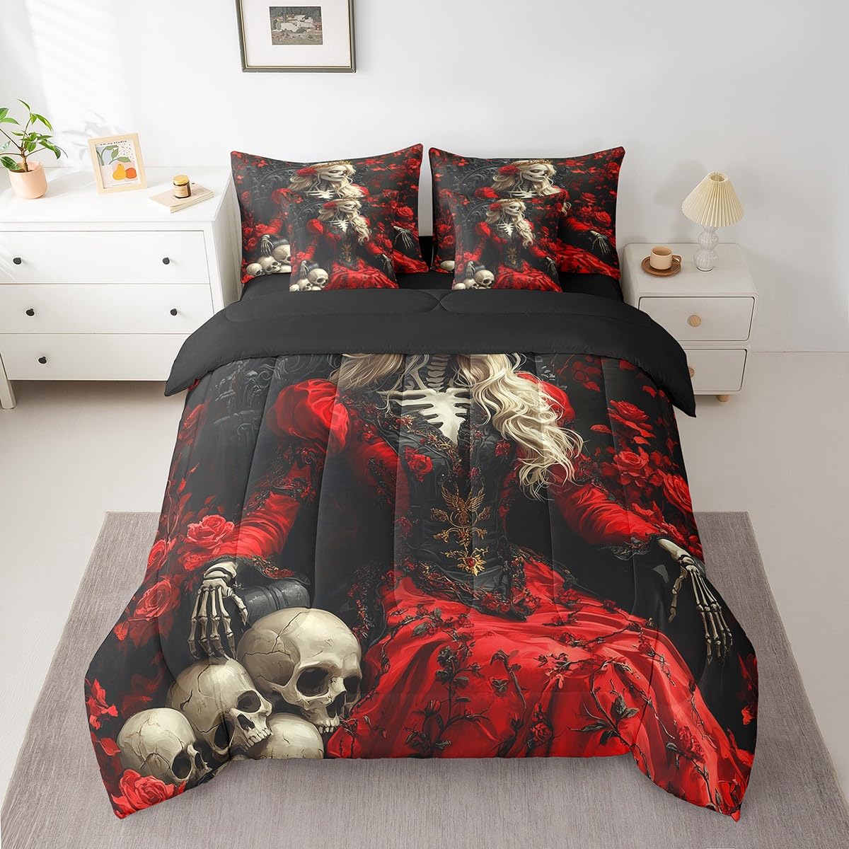 Erosebridal Queen Skull 7 Piece Bedding Set Romantic Skull Roses Full Comforter Set Gothic Skull Skeleton Bed in A Bag Skeleton Bones Flowers Sheet Set with Comforter for Kids Teen Adults