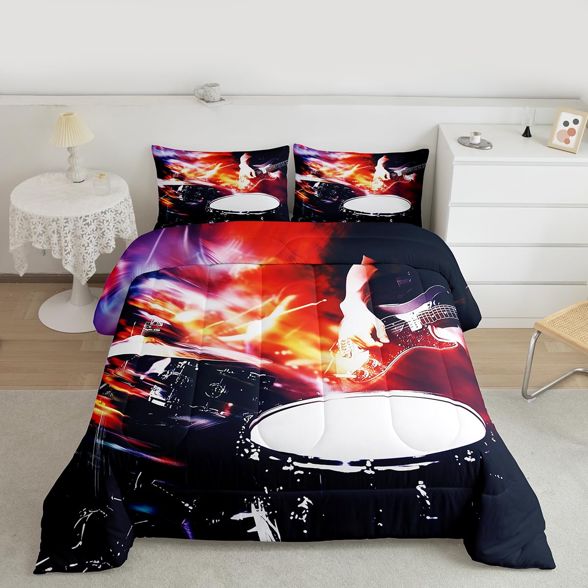 Erosebridal Guitar Drum Kit Comforter Set Queen Rock Musical Instruments Bedding Set Music Theme Comforter for Kids Boys Girls,Rock Music Lovers Quilt Duvet