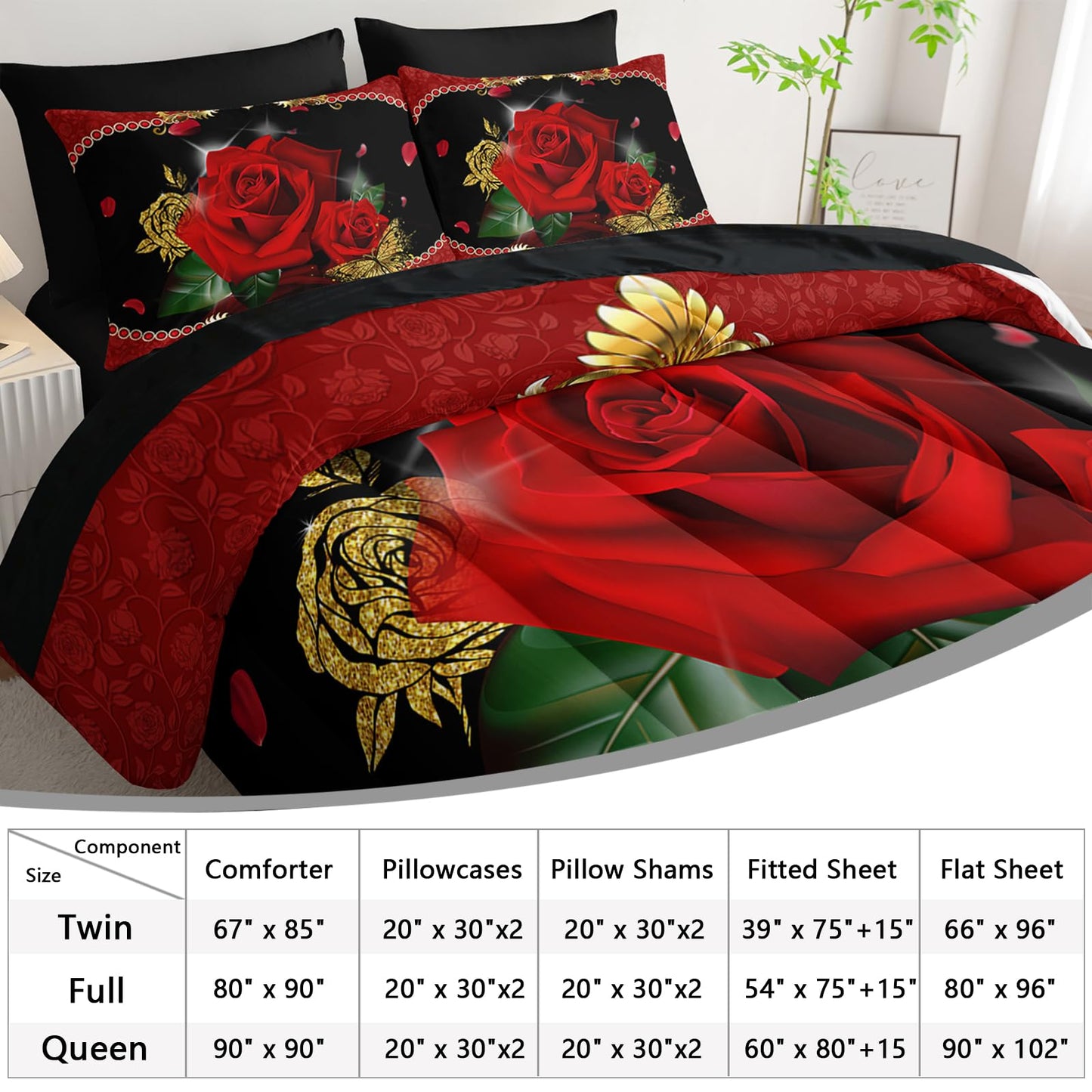AILONEN 3D Oil Painting Red Rose Comforter Set Full Size,7-Piece 3D Rose and Butterfly Pattern Bed in a Bag,Comforter & Fitted Sheet with Flat Sheet & 2 Pillowcases,2 Pillow Cases for Bedroom
