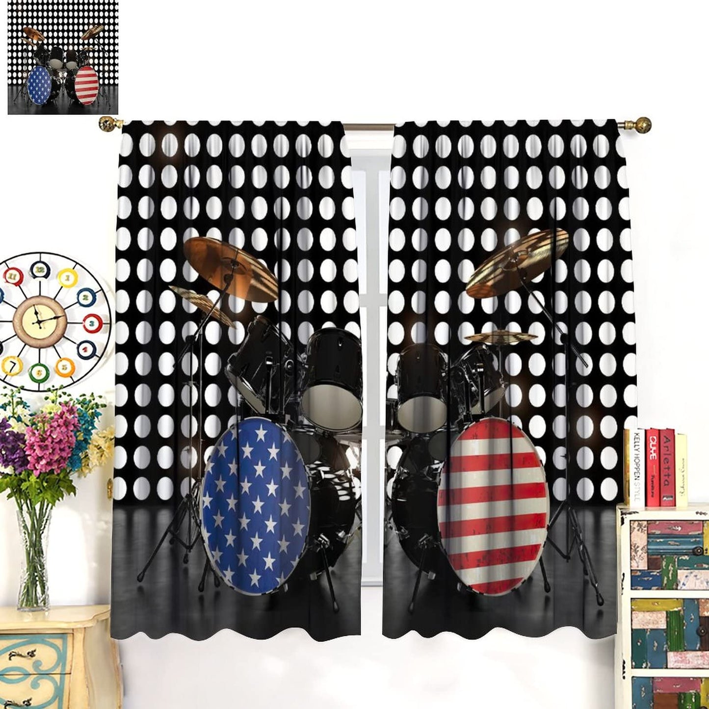 Music Curtains,Rock Roll Musical Instruments American Flag Drum Set Stage Theme Room Darkening Door Window Rod Pocket Curtain for Living Room Teens Boys Bedroom W42xL45in