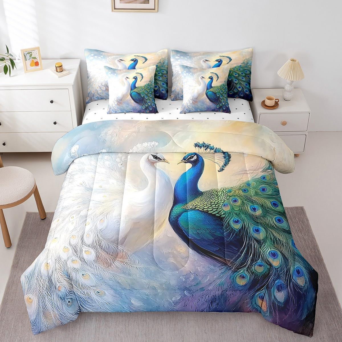 Erosebridal Peacock Couple Bedding Set for Kids Teens,Couple Lover Comforter Set King Size,Elegant Birds (Comforter+Fitted+Flat Sheet+2 Pillowcases+2 Throw Pillow Covers) 7 Pieces Bed Set