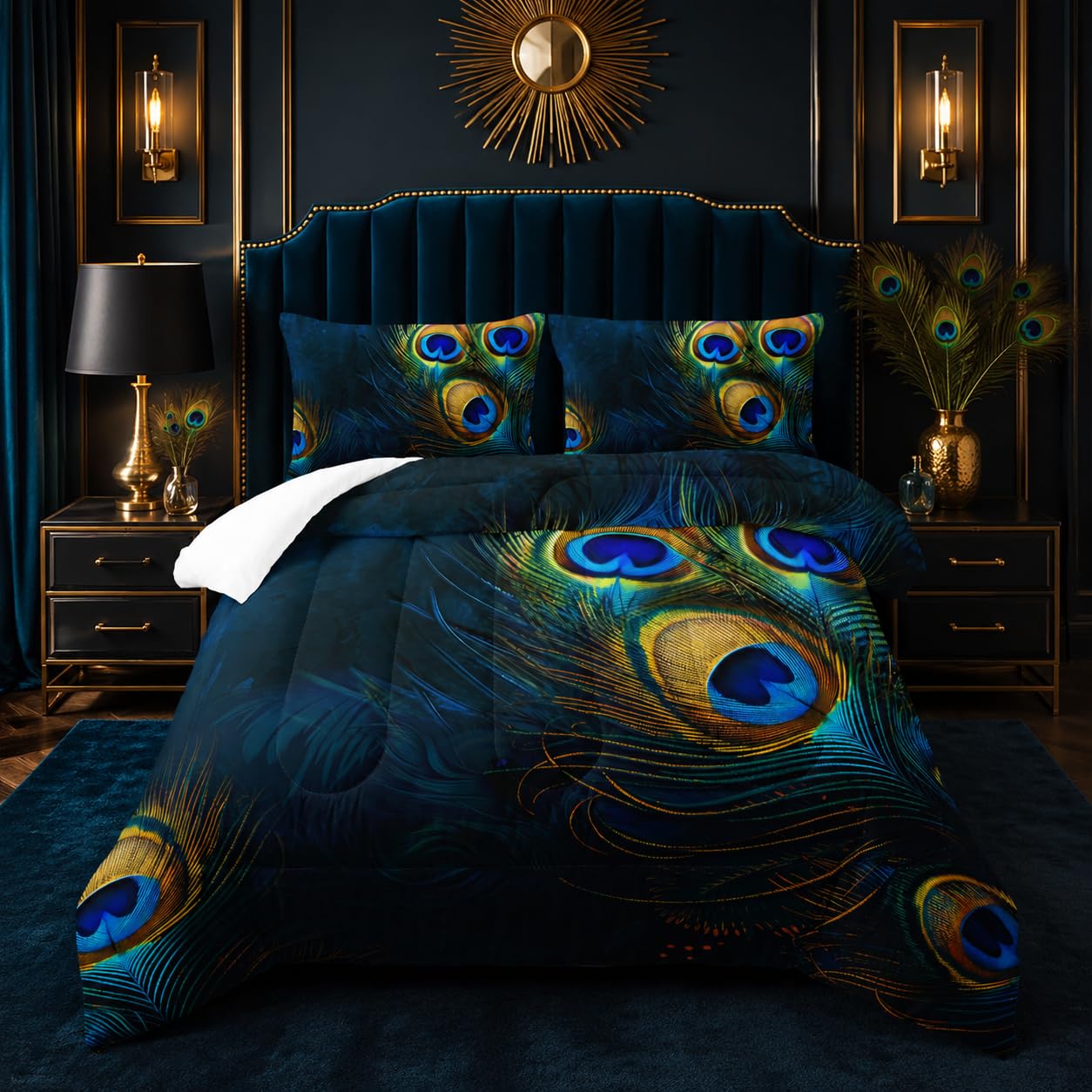 Tuzaovy Peacock Feather Queen Bedding Set - Boho Comforter for Girls, Bohemian Gothic Decor, Western Hippie Animal Print Black