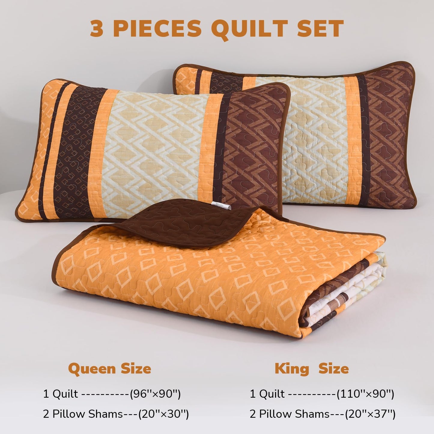Dinjoy Boho Queen Quilt Set, Soft 3 Pieces Striped Bedspreads, Fall Orange Bedding Sets Micofiber Lightweight Quilts with 2 Pillow Shams Coverlet Bed Sets for Women Men 96''x90''